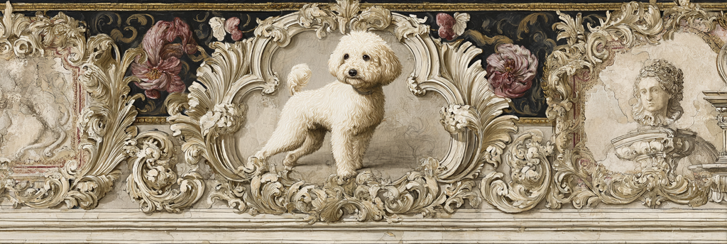 Fluffy Weisser Hund In Ornate Rahmen Mit Floralen Designs | Klassisch | Einrichtungsstile