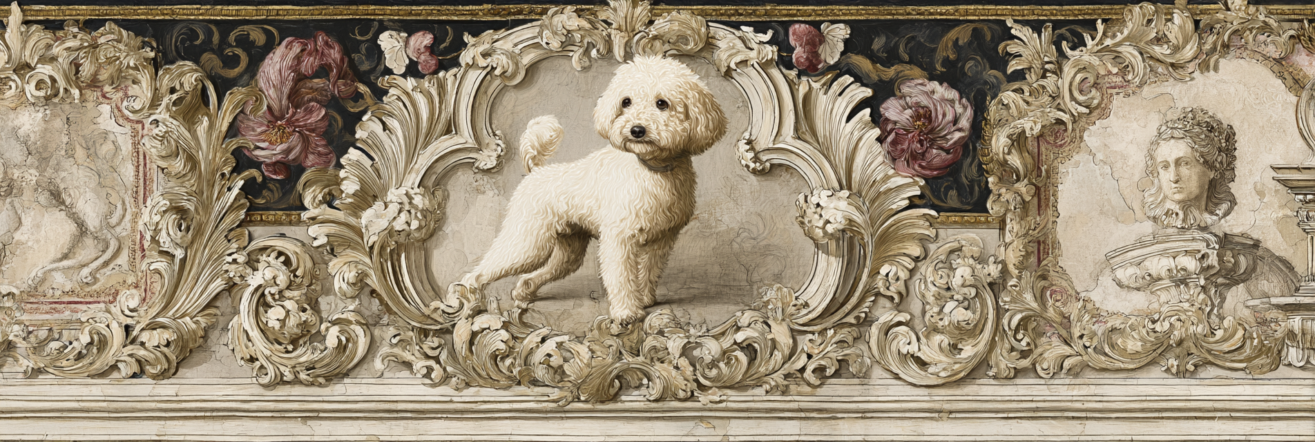Fluffy Weisser Hund In Ornate Rahmen Mit Floralen Designs | Klassisch | Einrichtungsstile