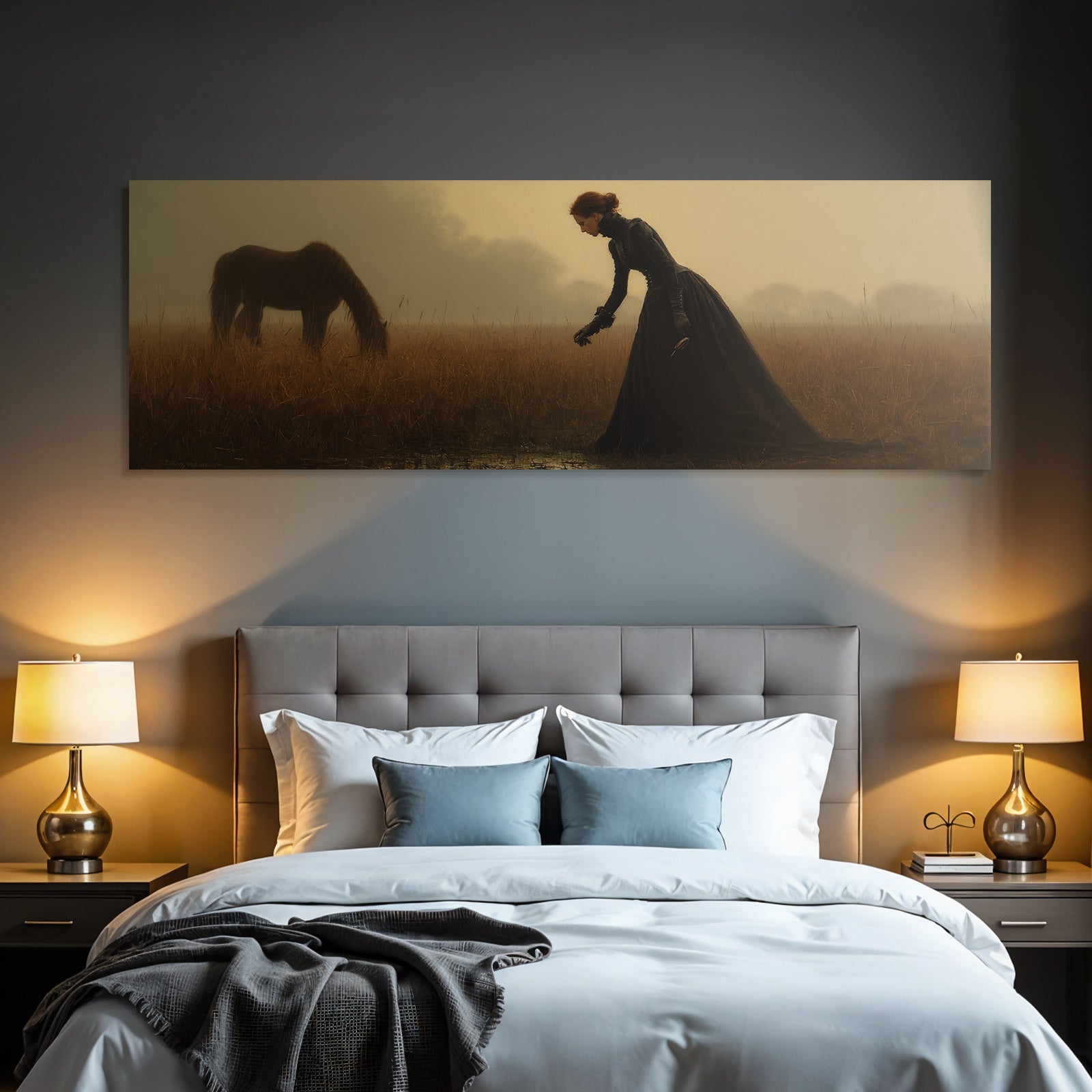 Frau In Langem Schwarzem Kleid Im Feld Mit Pferd In Mystischer Atmosphare