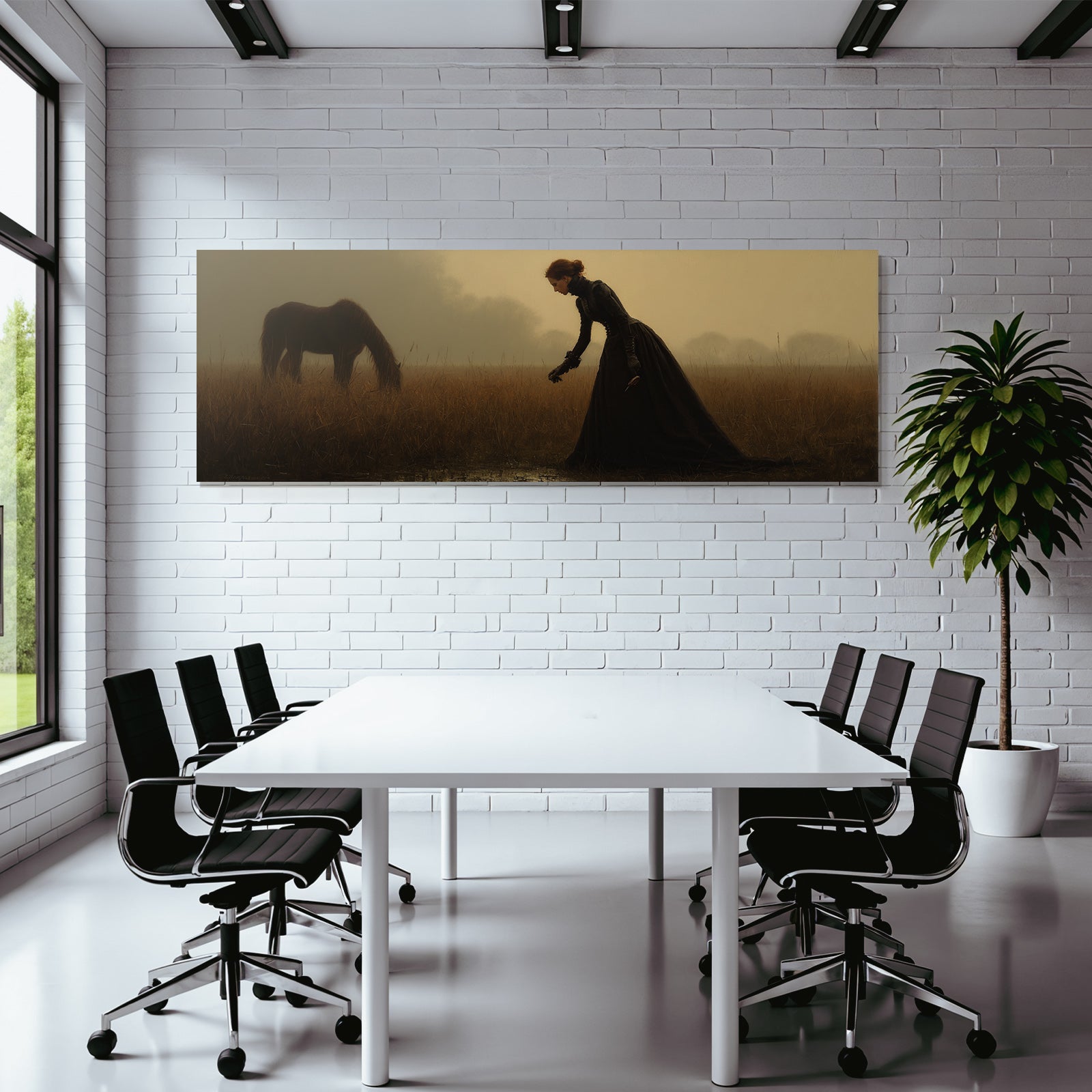 Frau In Langem Schwarzem Kleid Im Feld Mit Pferd In Mystischer Atmosphare