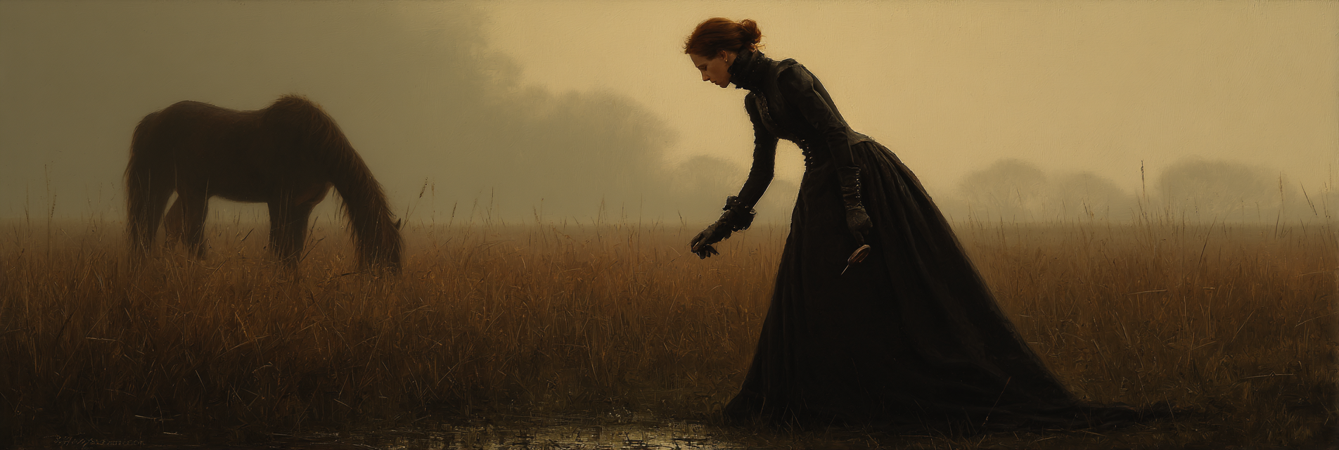 Frau In Langem Schwarzem Kleid Im Feld Mit Pferd In Mystischer Atmosphare | Klassisch | Einrichtungsstile