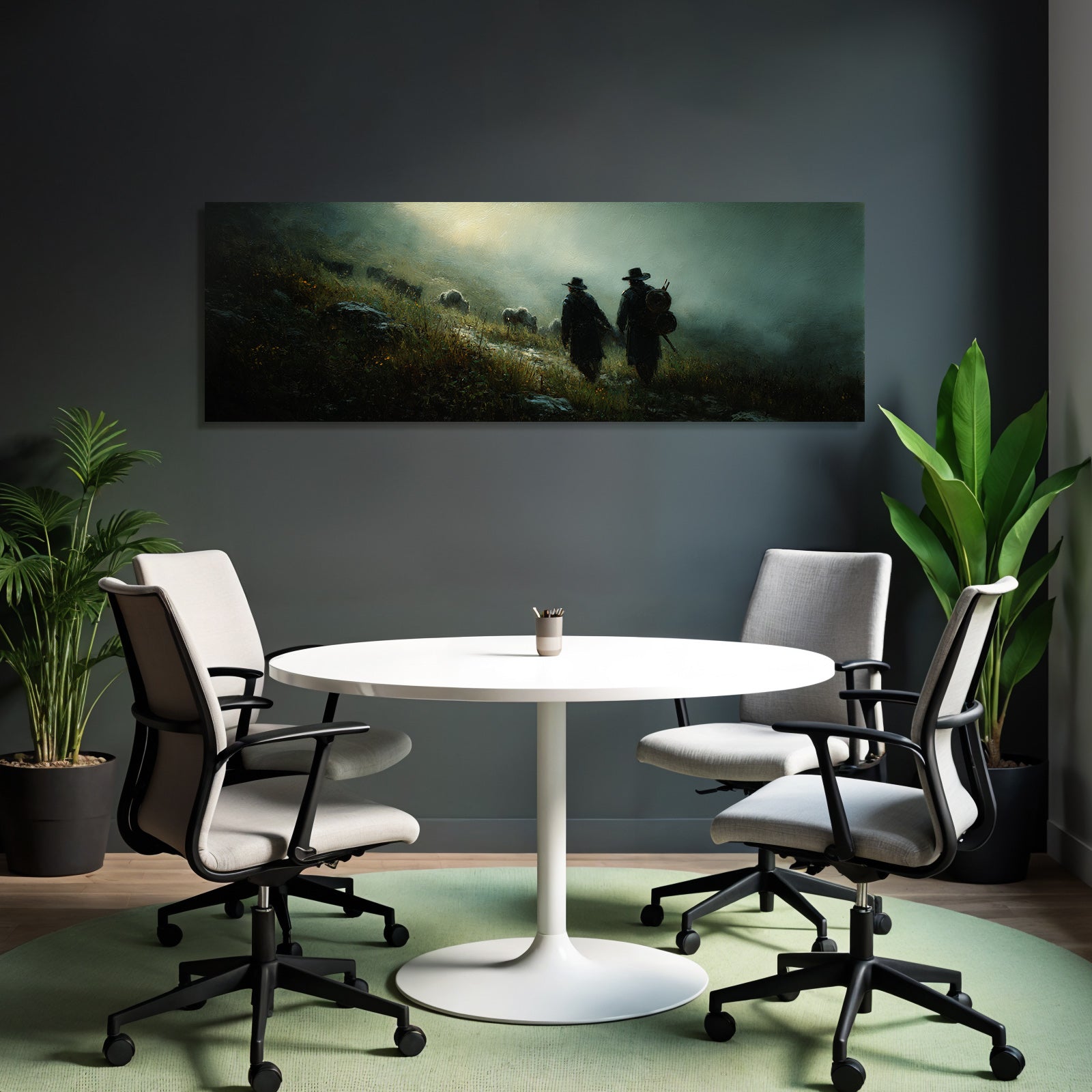 Gemalte Figuren Hand In Hand Montanlandschaft Mystisch Atmosphaerisch