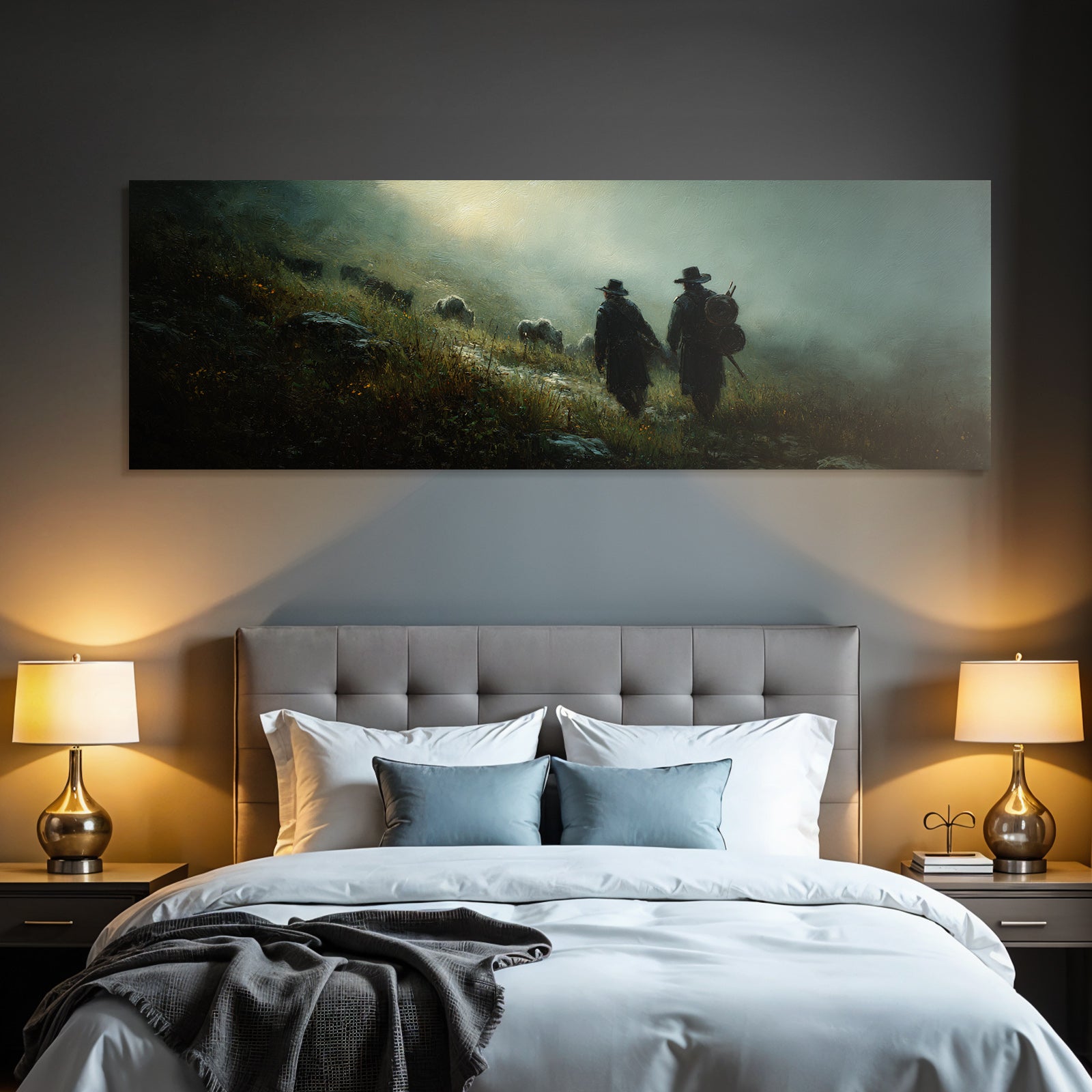 Gemalte Figuren Hand In Hand Montanlandschaft Mystisch Atmosphaerisch