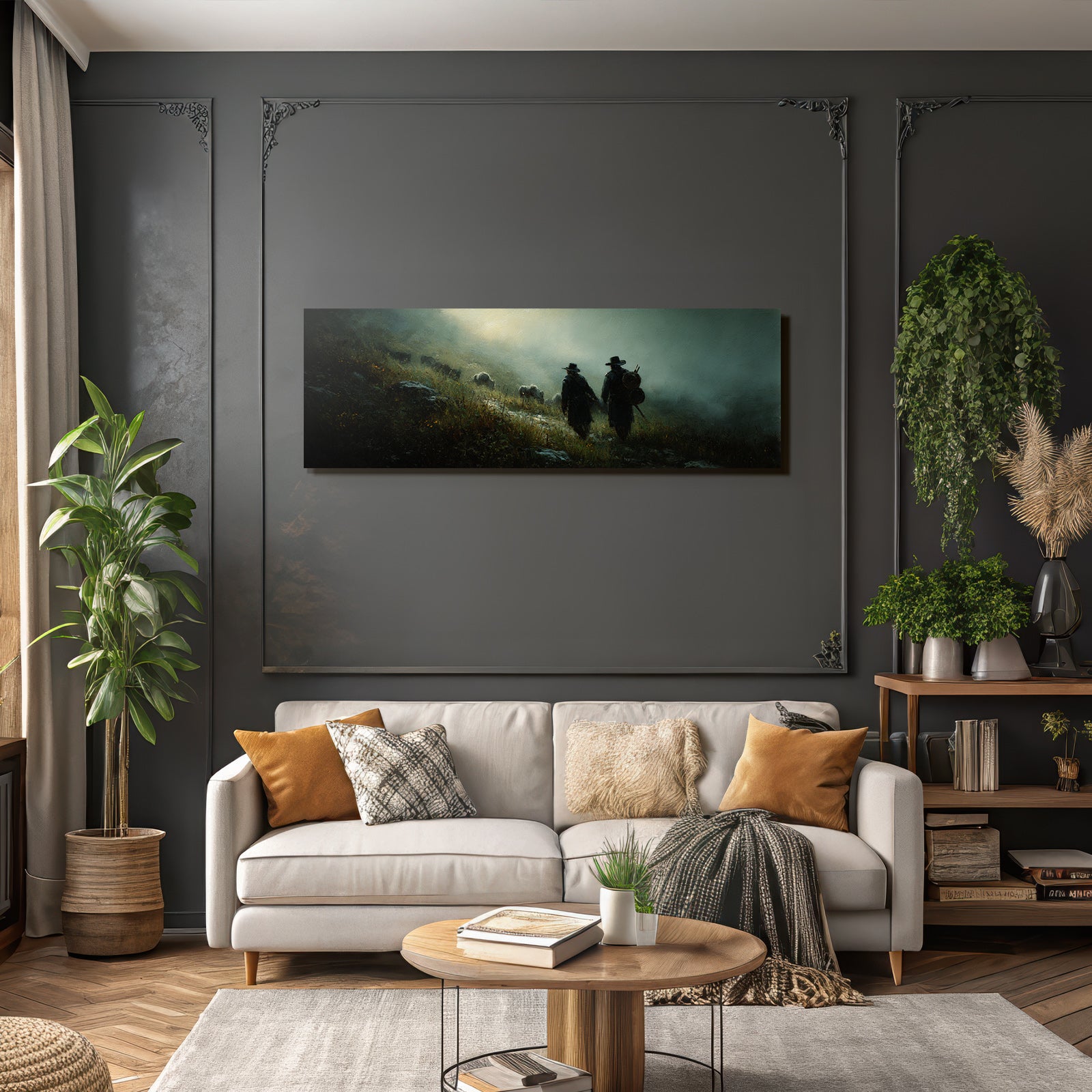 Gemalte Figuren Hand In Hand Montanlandschaft Mystisch Atmosphaerisch