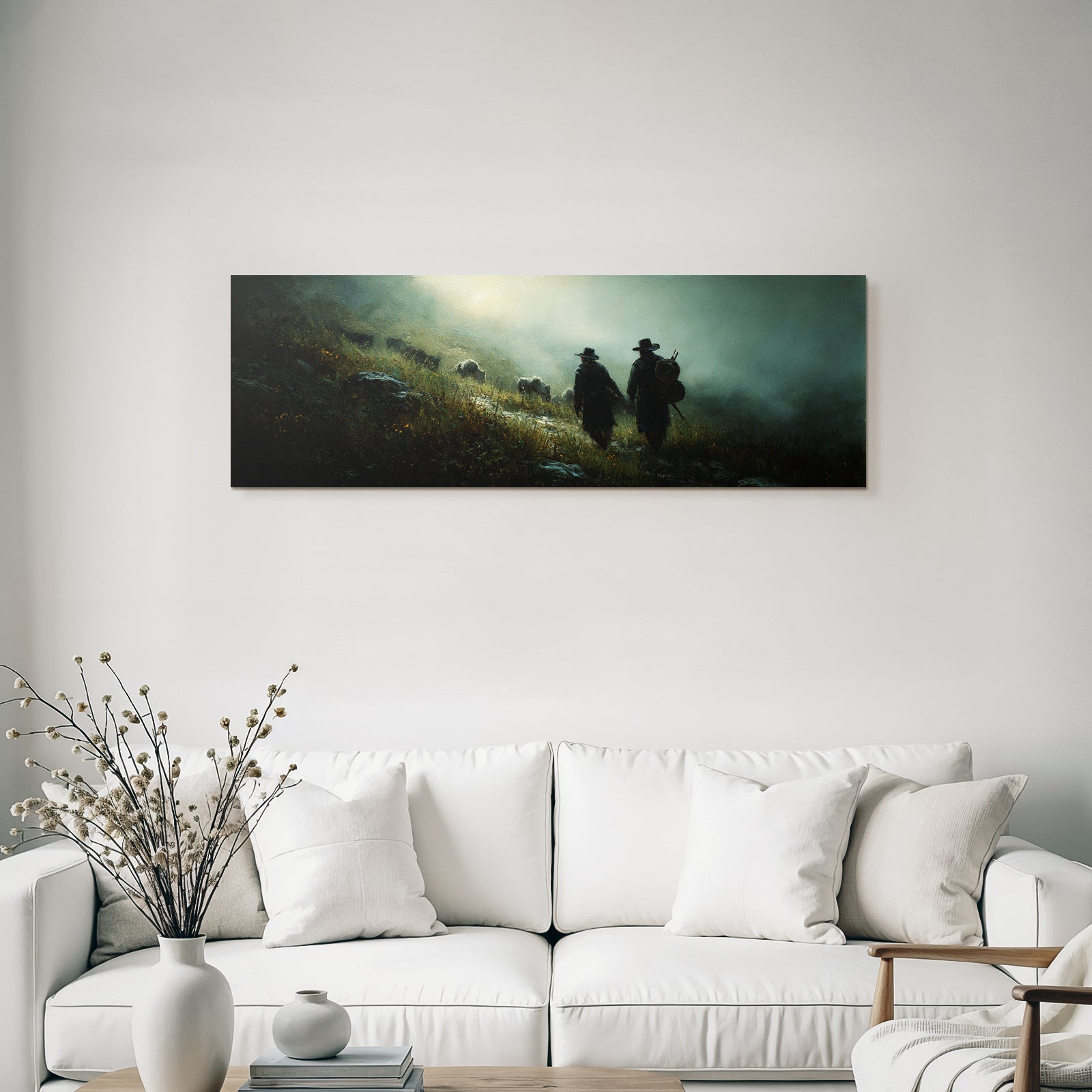 Gemalte Figuren Hand In Hand Montanlandschaft Mystisch Atmosphaerisch