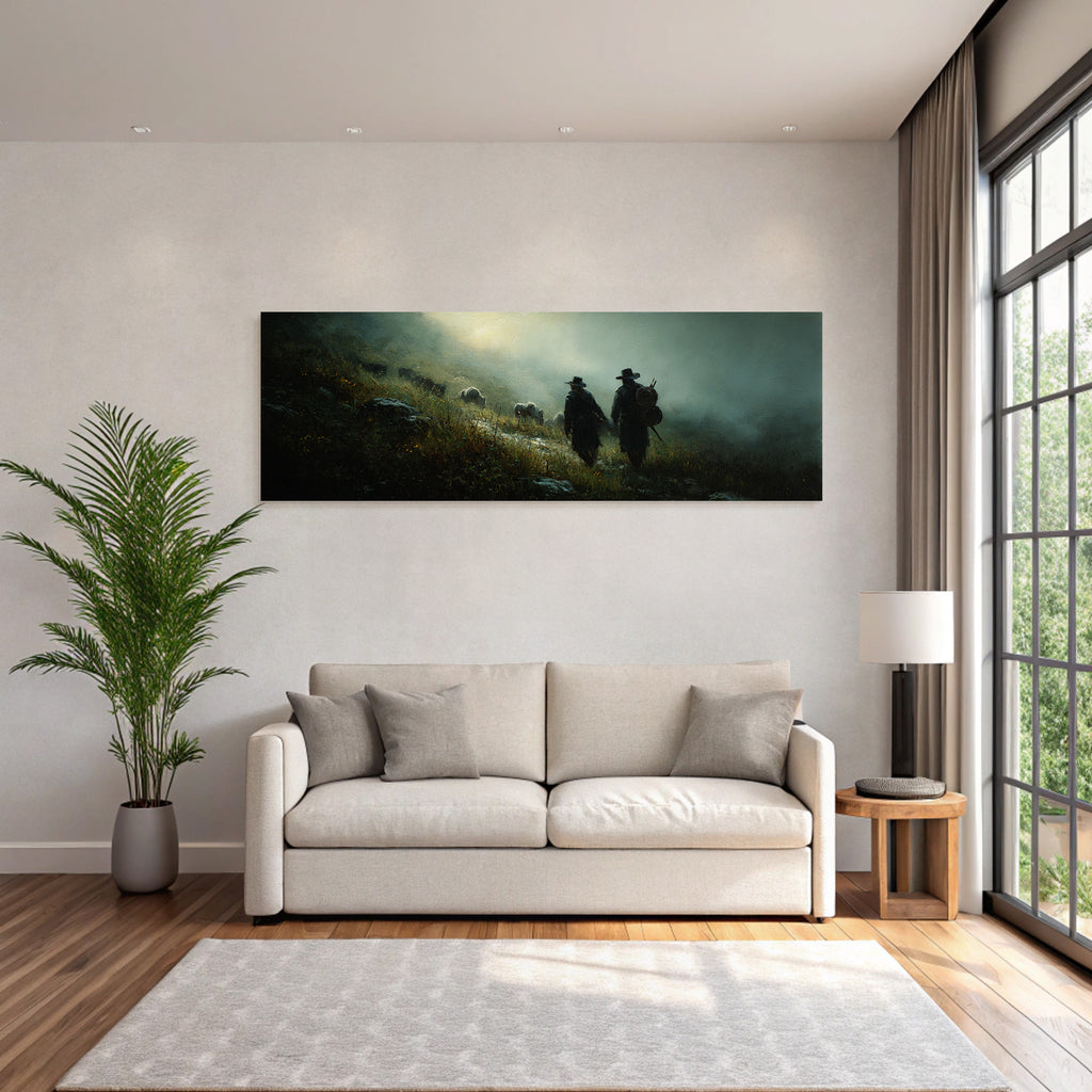 Gemalte Figuren Hand In Hand Montanlandschaft Mystisch Atmosphaerisch