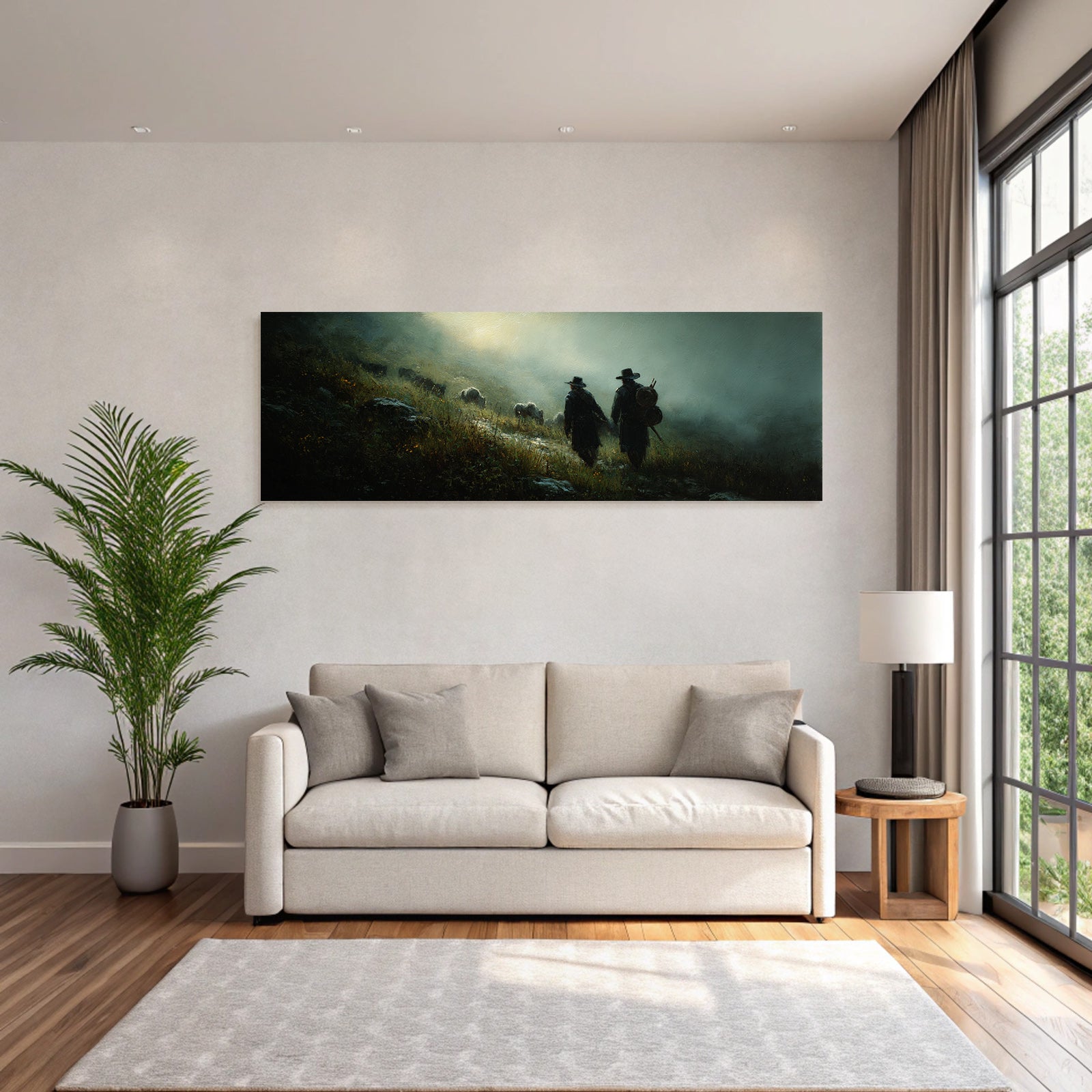 Gemalte Figuren Hand In Hand Montanlandschaft Mystisch Atmosphaerisch