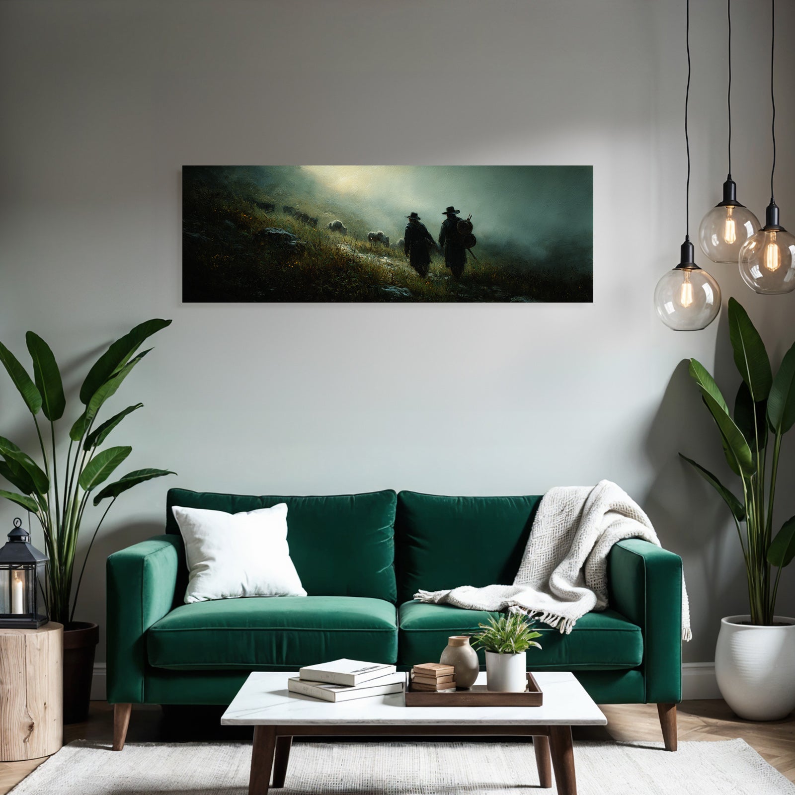 Gemalte Figuren Hand In Hand Montanlandschaft Mystisch Atmosphaerisch