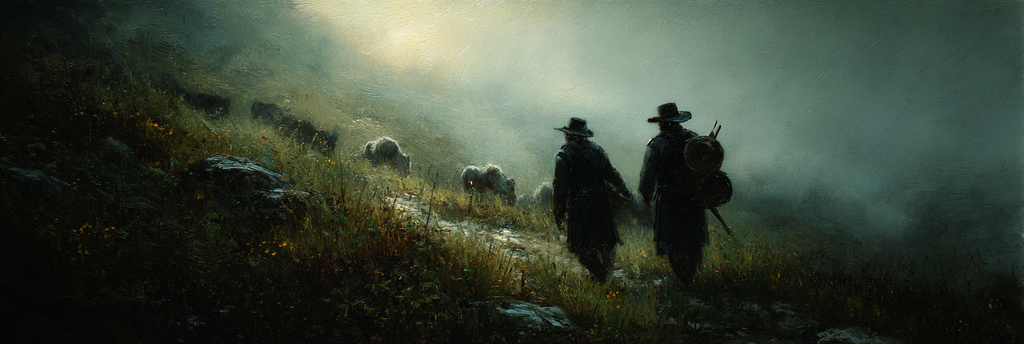 Gemalte Figuren Hand In Hand Montanlandschaft Mystisch Atmosphaerisch | Klassisch | Einrichtungsstile