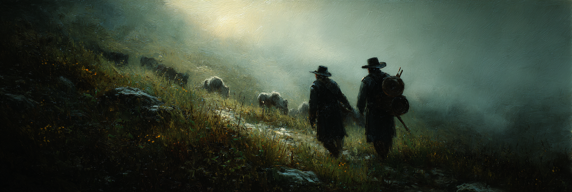 Gemalte Figuren Hand In Hand Montanlandschaft Mystisch Atmosphaerisch | Klassisch | Einrichtungsstile