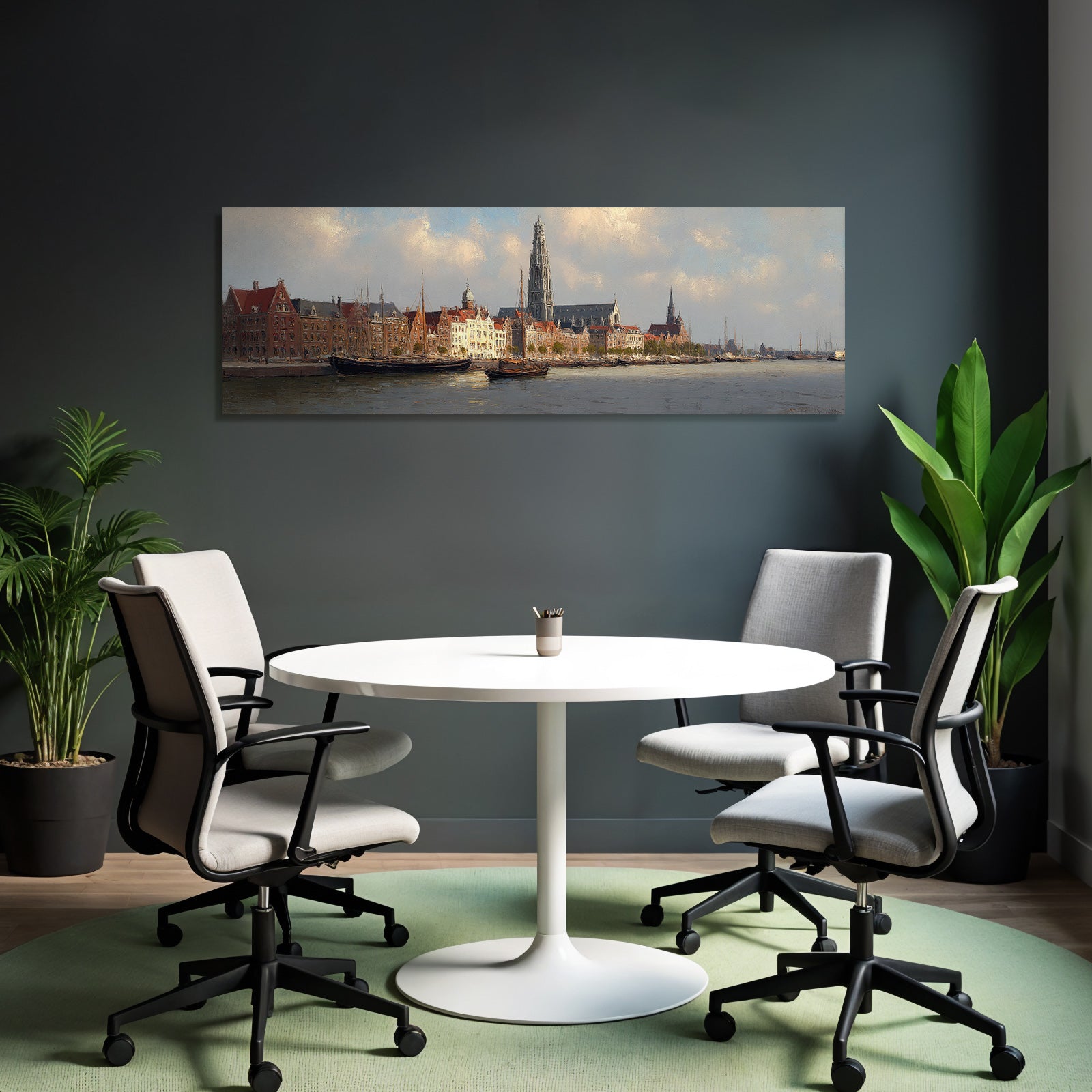 Hafenlandschaft Mit Historischen Gebaeuden Boote Und Kirchtuerme