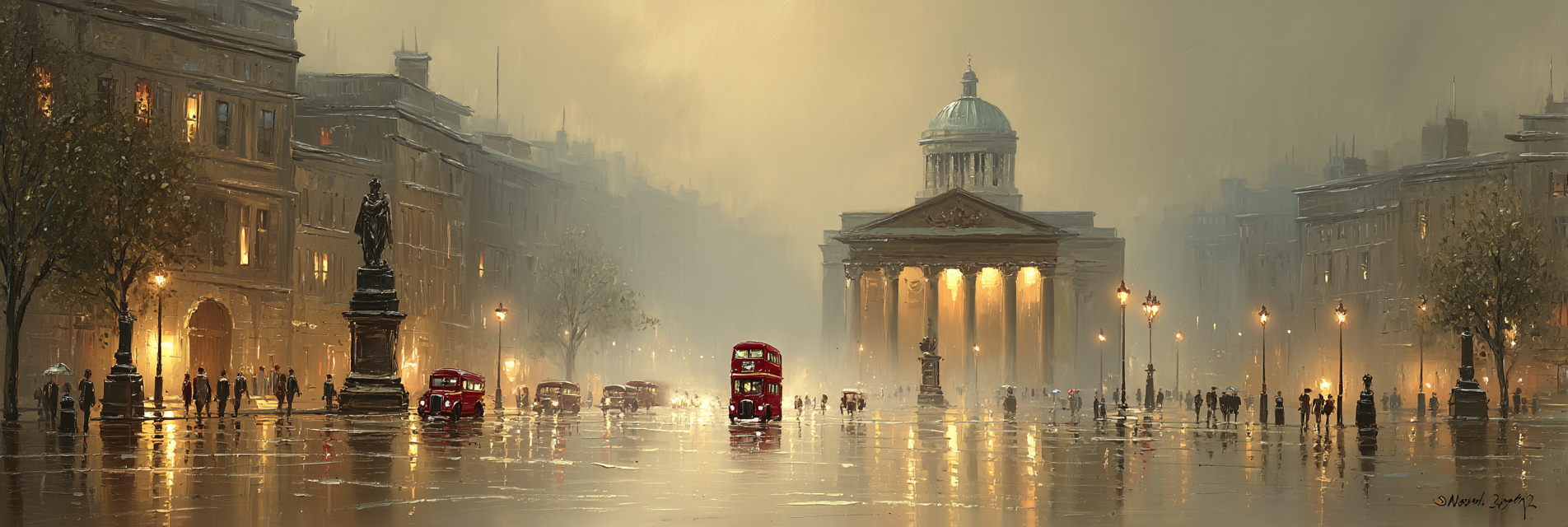 Historische Stadt Architektur Rotbus Seitensicht Misty Atmosphaere | Klassisch | Einrichtungsstile