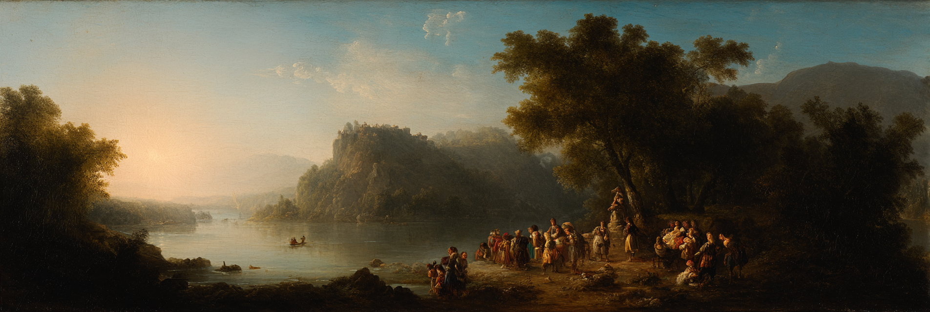 Historisches Landschaftsbild Fluss Umgeben Von Bergen Und Baeumen Mit Gruppe Menschen | Klassisch | Einrichtungsstile