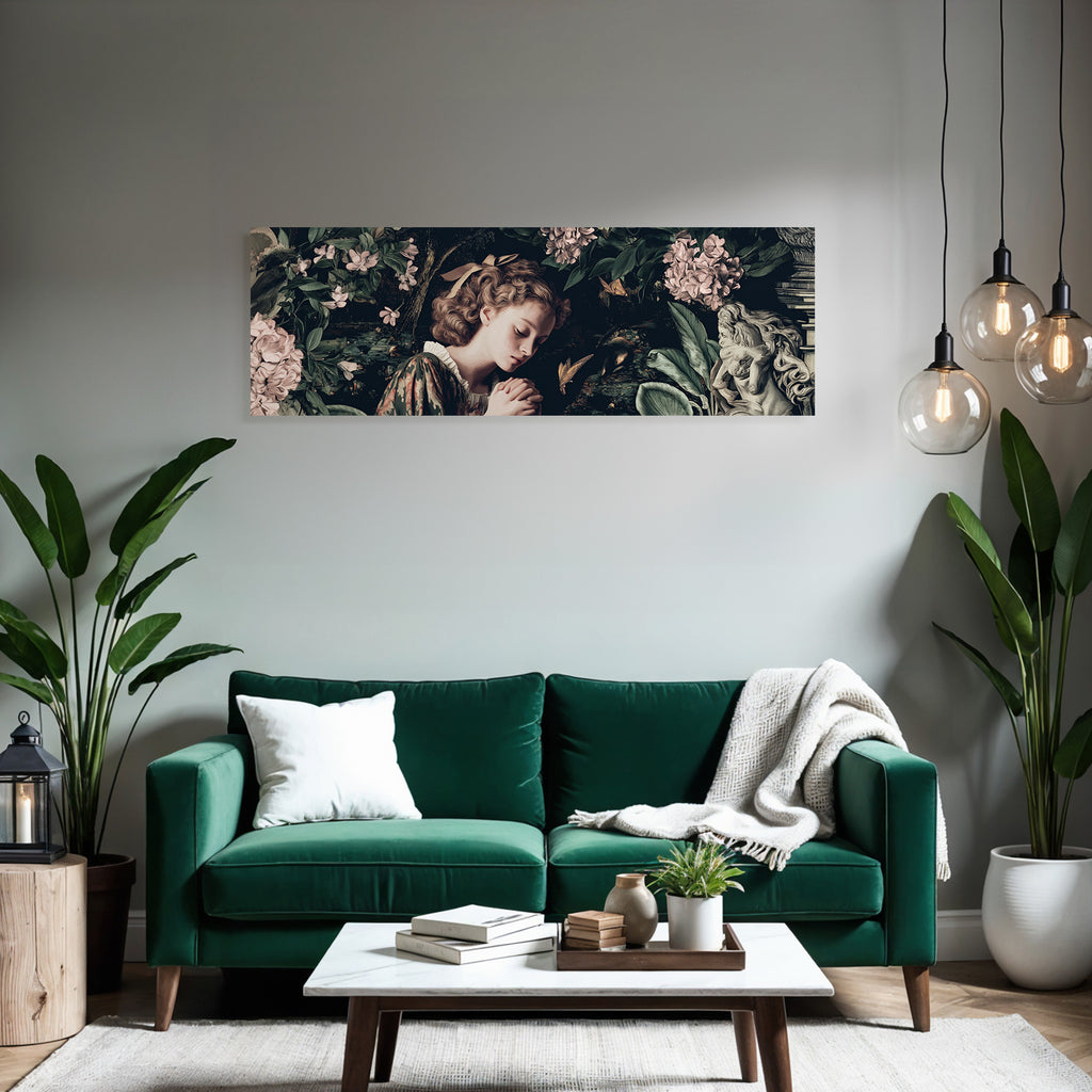 Junge Mit Lockigem Haar Umgeben Von Botanischen Elementen Schriftstellerei