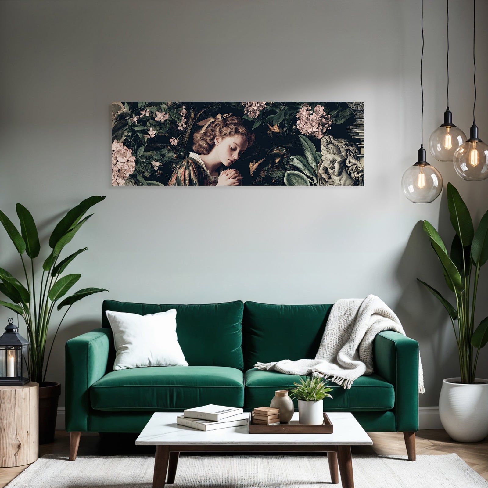 Junge Mit Lockigem Haar Umgeben Von Botanischen Elementen Schriftstellerei