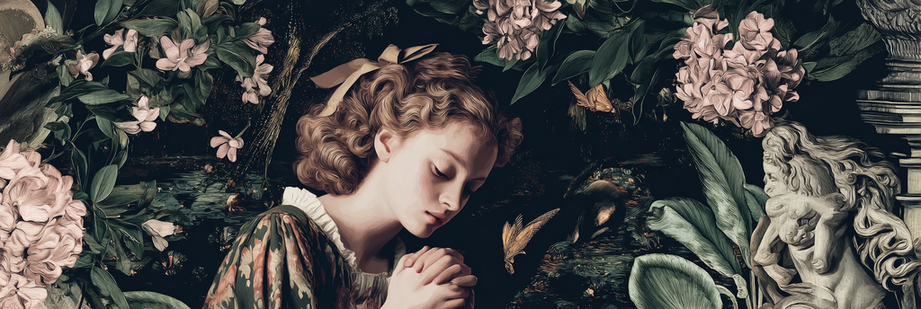 Junge Mit Lockigem Haar Umgeben Von Botanischen Elementen Schriftstellerei | Klassisch | Einrichtungsstile