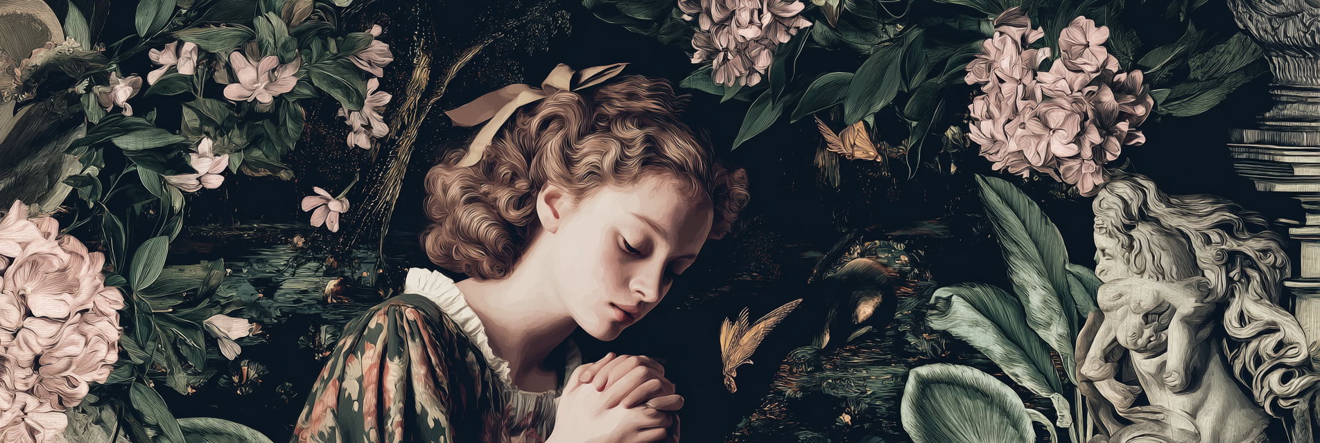 Junge Mit Lockigem Haar Umgeben Von Botanischen Elementen Schriftstellerei | Klassisch | Einrichtungsstile