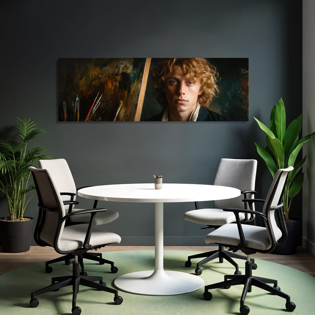 Junger Kuenstler Mit Lockigem Haar Im Atelier Mit Leinwand Und Pinsel