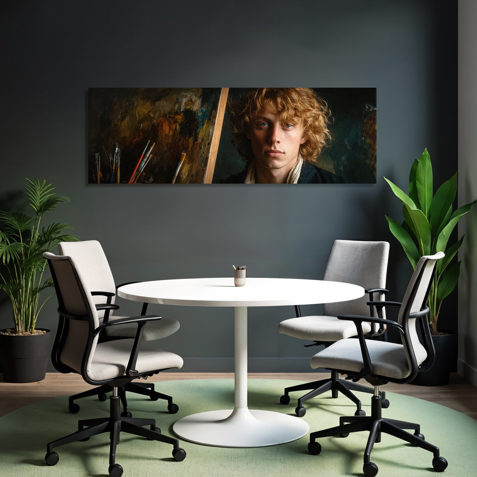 Junger Kuenstler Mit Lockigem Haar Im Atelier Mit Leinwand Und Pinsel