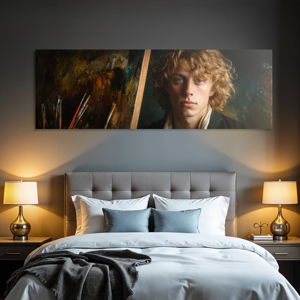 Junger Kuenstler Mit Lockigem Haar Im Atelier Mit Leinwand Und Pinsel