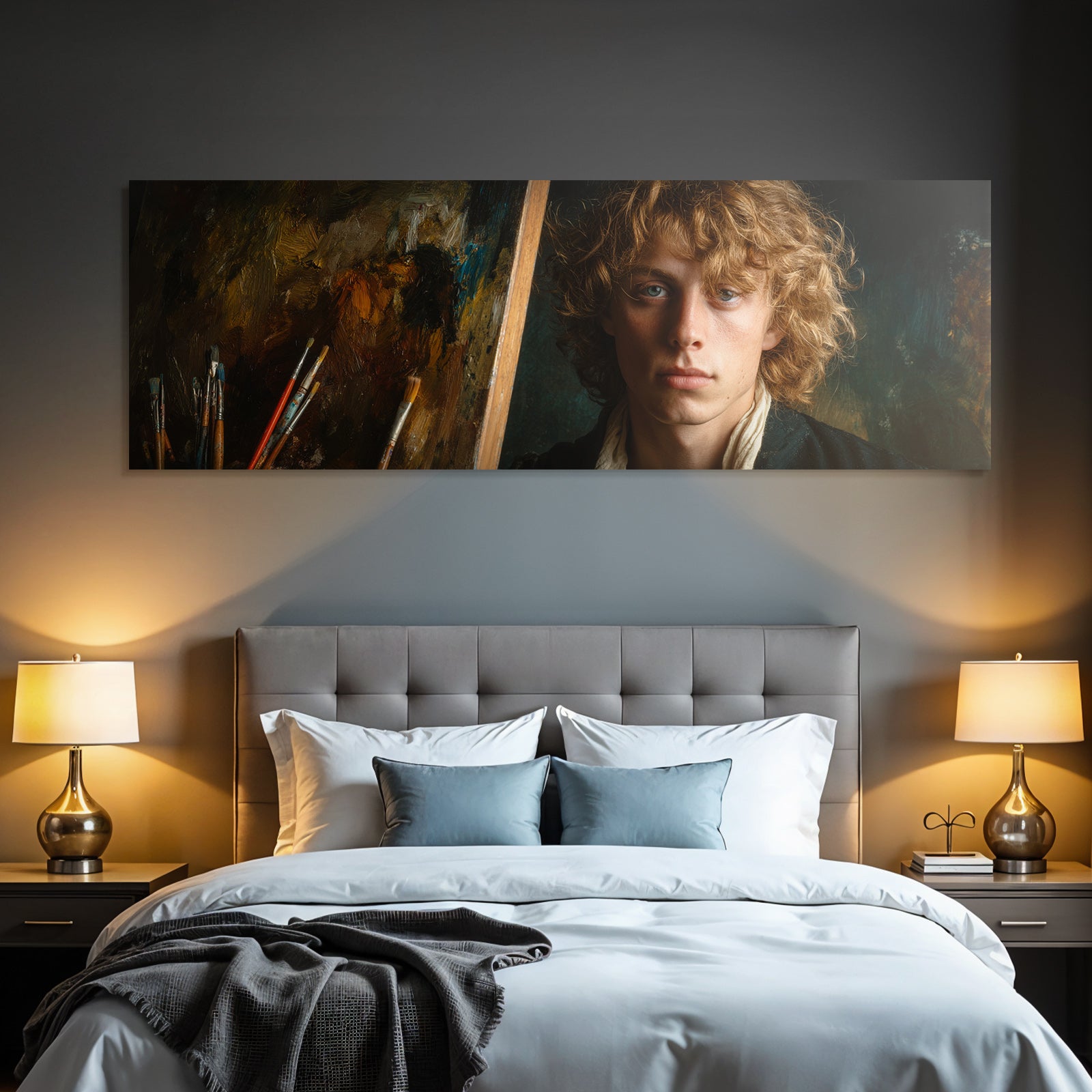 Junger Kuenstler Mit Lockigem Haar Im Atelier Mit Leinwand Und Pinsel