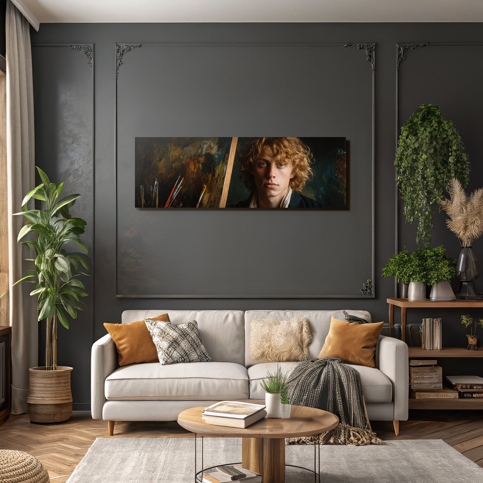 Junger Kuenstler Mit Lockigem Haar Im Atelier Mit Leinwand Und Pinsel