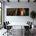Junger Kuenstler Mit Lockigem Haar Im Atelier Mit Leinwand Und Pinsel