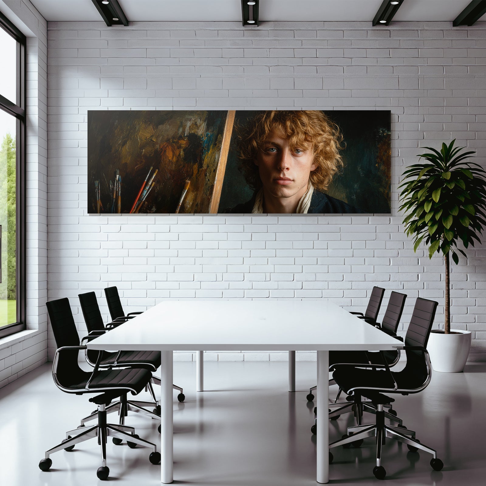 Junger Kuenstler Mit Lockigem Haar Im Atelier Mit Leinwand Und Pinsel