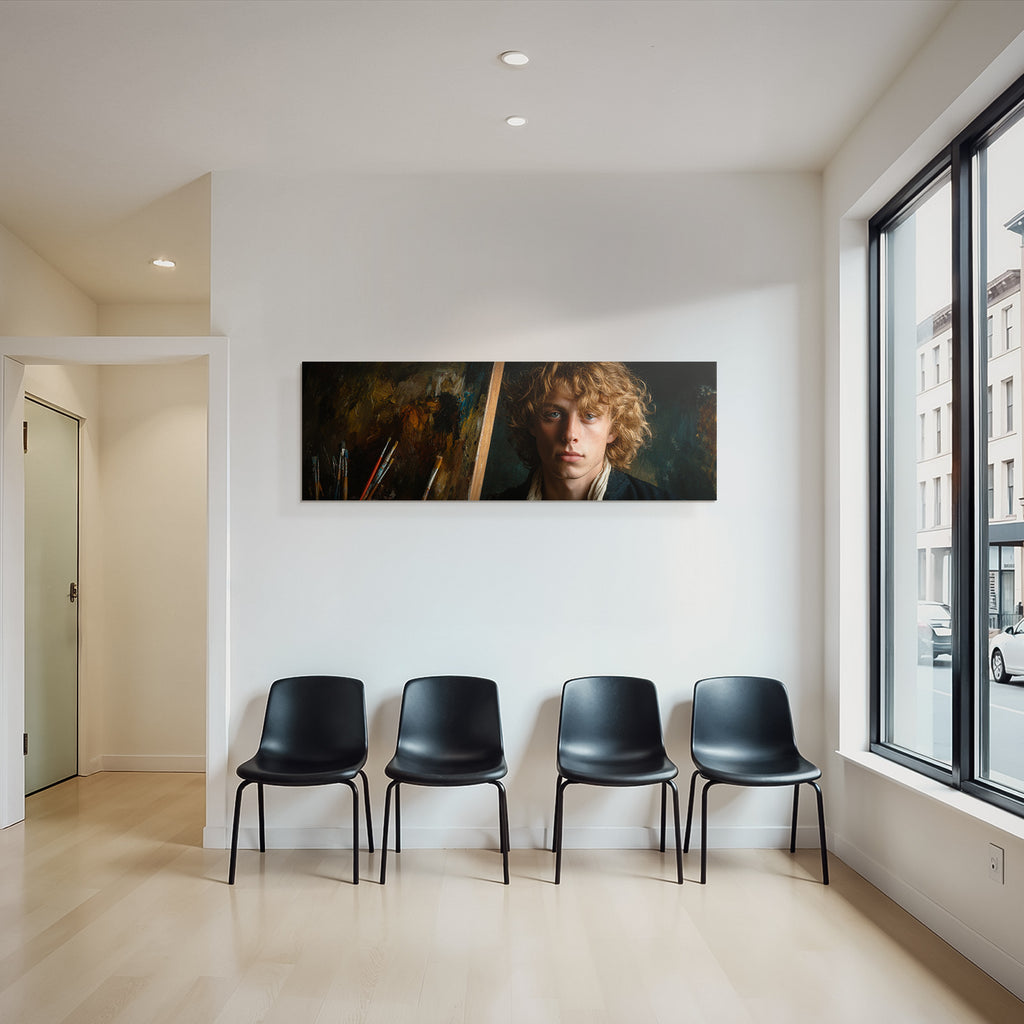 Junger Kuenstler Mit Lockigem Haar Im Atelier Mit Leinwand Und Pinsel