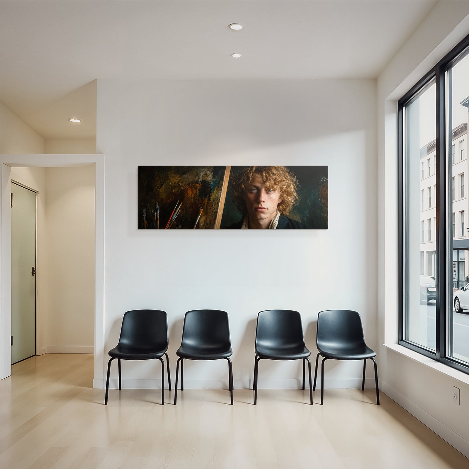 Junger Kuenstler Mit Lockigem Haar Im Atelier Mit Leinwand Und Pinsel
