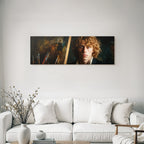 Junger Kuenstler Mit Lockigem Haar Im Atelier Mit Leinwand Und Pinsel