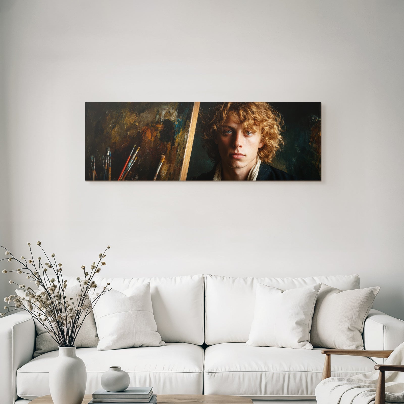 Junger Kuenstler Mit Lockigem Haar Im Atelier Mit Leinwand Und Pinsel