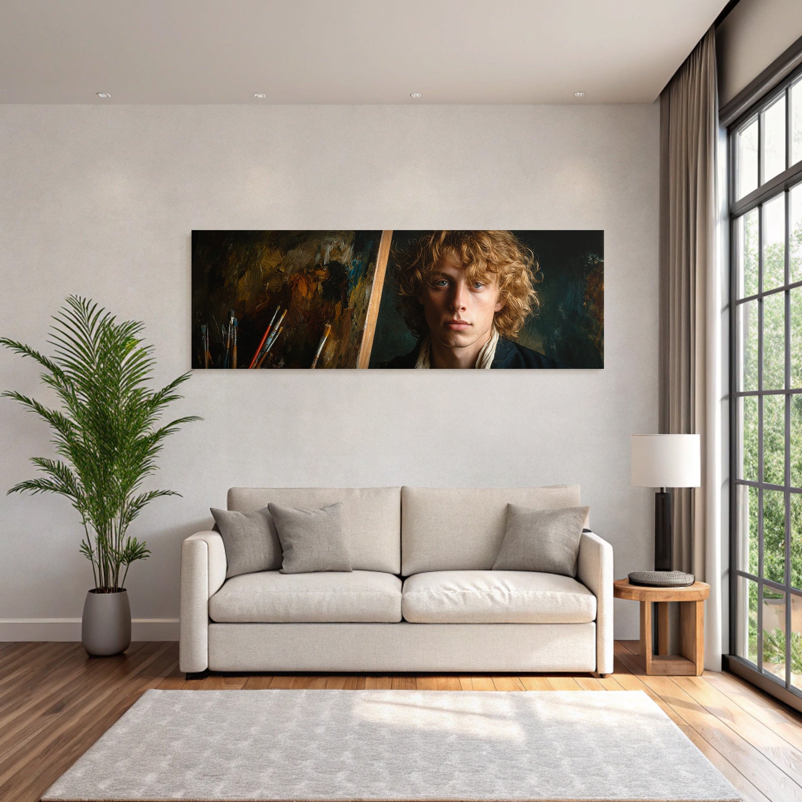 Junger Kuenstler Mit Lockigem Haar Im Atelier Mit Leinwand Und Pinsel