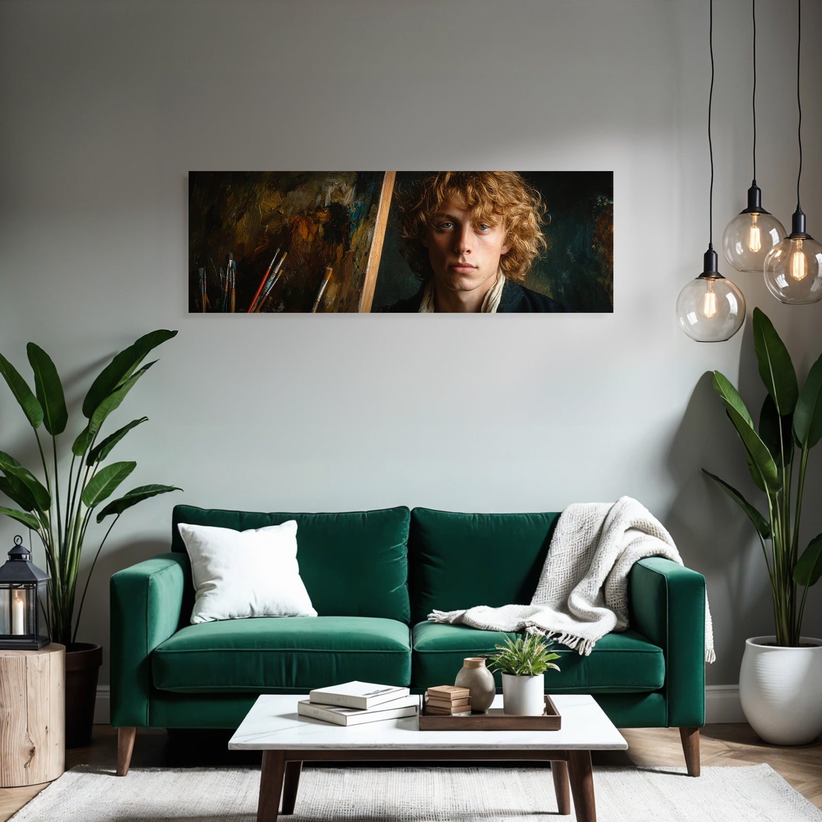 Junger Kuenstler Mit Lockigem Haar Im Atelier Mit Leinwand Und Pinsel