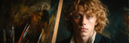 Junger Kuenstler Mit Lockigem Haar Im Atelier Mit Leinwand Und Pinsel | Klassisch | Einrichtungsstile