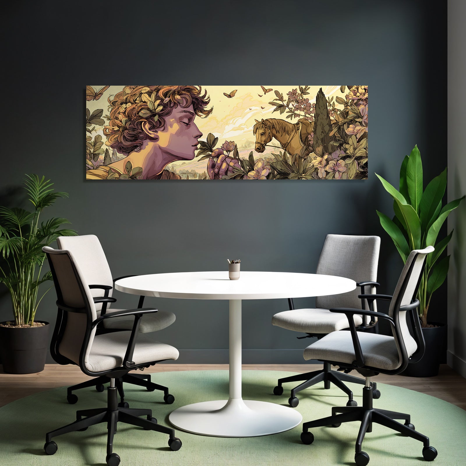 Junges Maedchen Mit Lockigem Haar Blumen Duftende Pflanze Pferd Natur Idylle