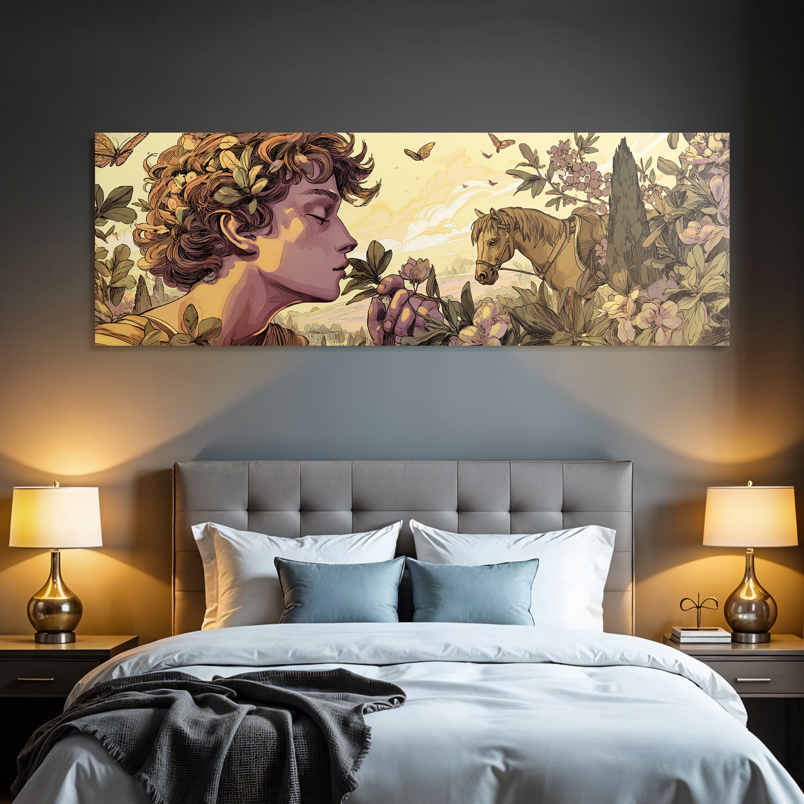 Junges Maedchen Mit Lockigem Haar Blumen Duftende Pflanze Pferd Natur Idylle