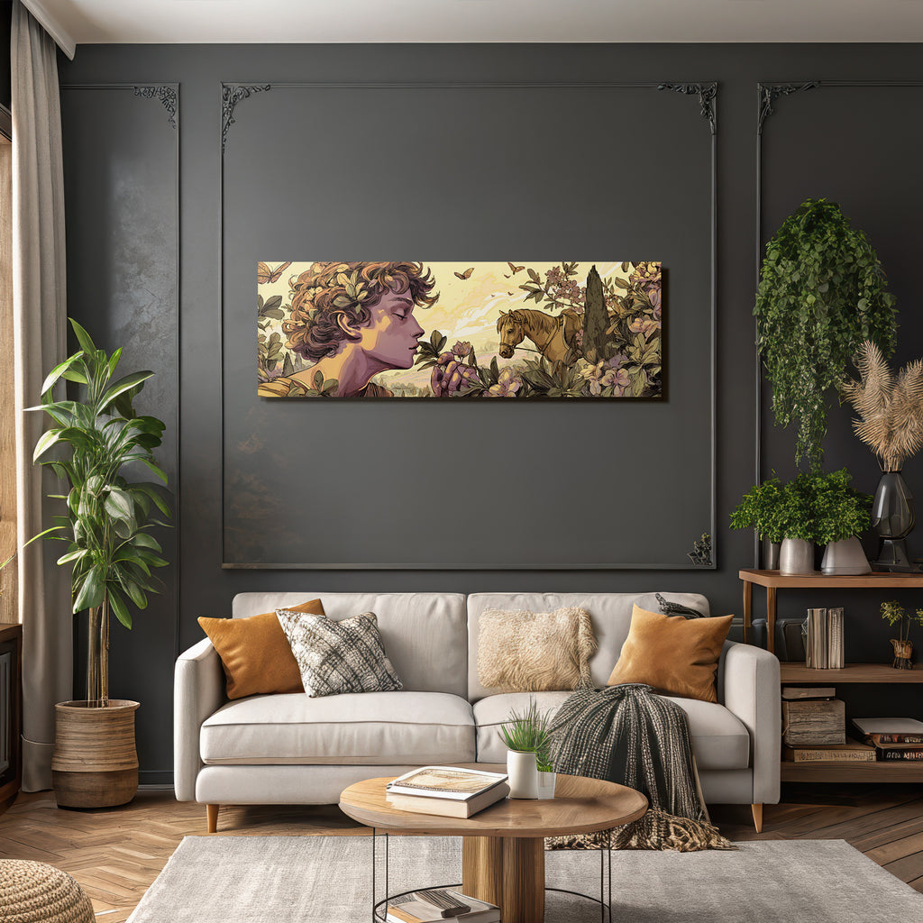 Junges Maedchen Mit Lockigem Haar Blumen Duftende Pflanze Pferd Natur Idylle