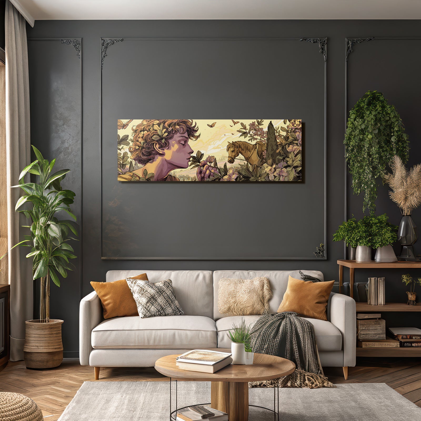 Junges Maedchen Mit Lockigem Haar Blumen Duftende Pflanze Pferd Natur Idylle