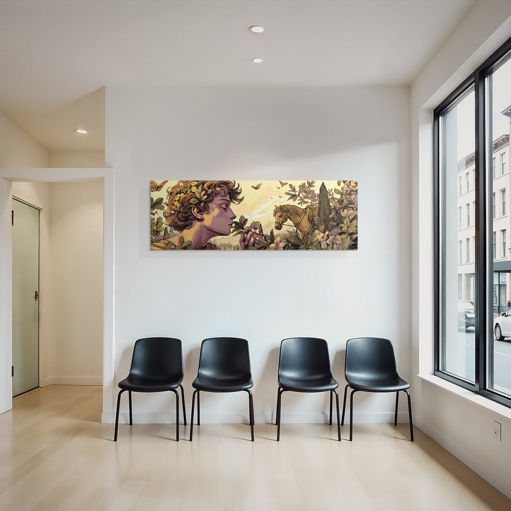 Junges Maedchen Mit Lockigem Haar Blumen Duftende Pflanze Pferd Natur Idylle