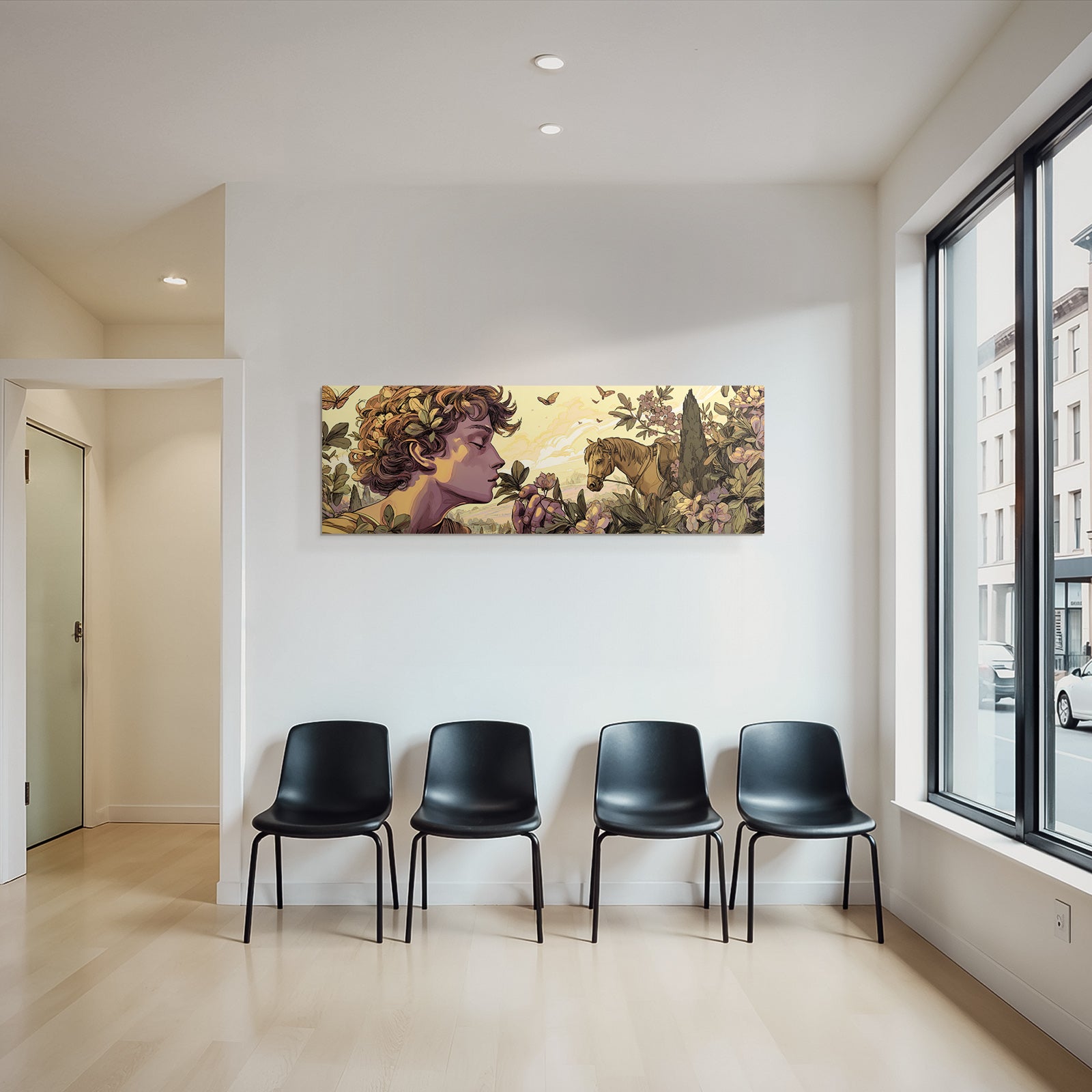 Junges Maedchen Mit Lockigem Haar Blumen Duftende Pflanze Pferd Natur Idylle