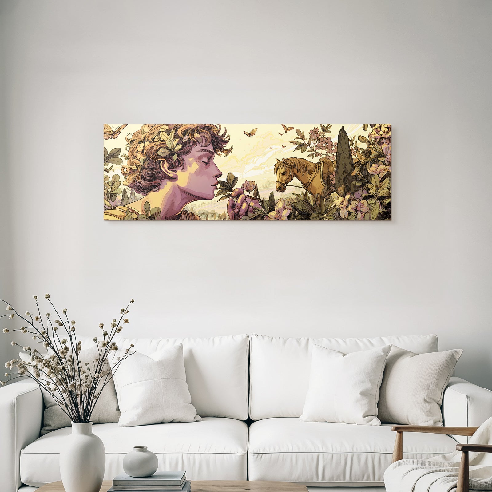 Junges Maedchen Mit Lockigem Haar Blumen Duftende Pflanze Pferd Natur Idylle