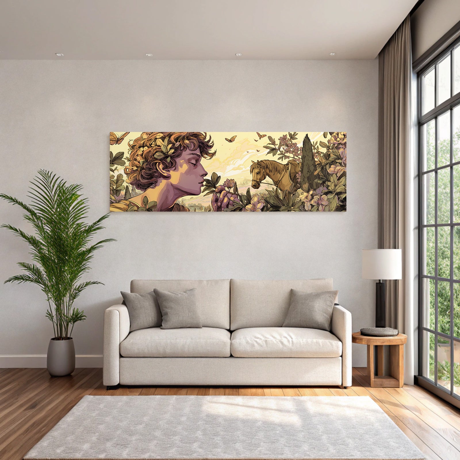 Junges Maedchen Mit Lockigem Haar Blumen Duftende Pflanze Pferd Natur Idylle