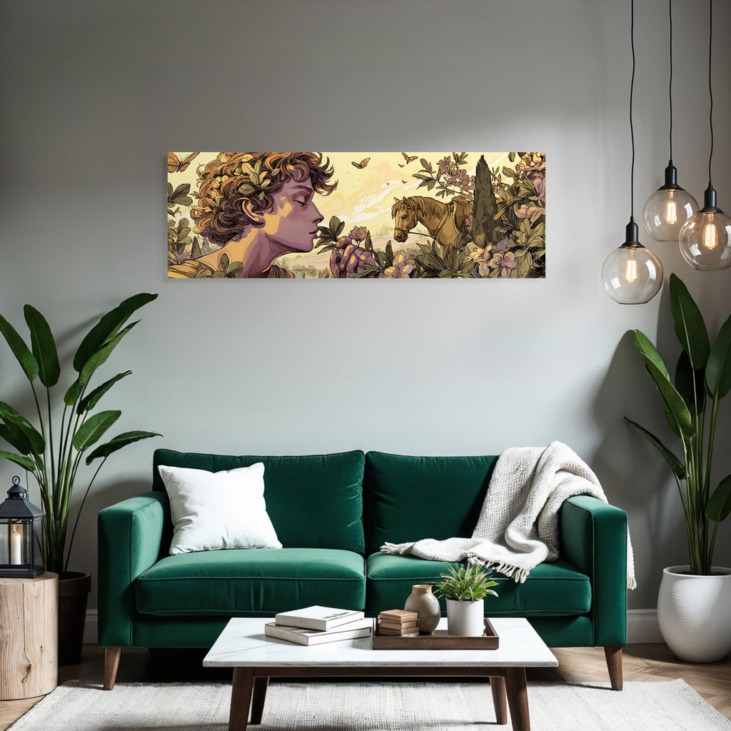Junges Maedchen Mit Lockigem Haar Blumen Duftende Pflanze Pferd Natur Idylle