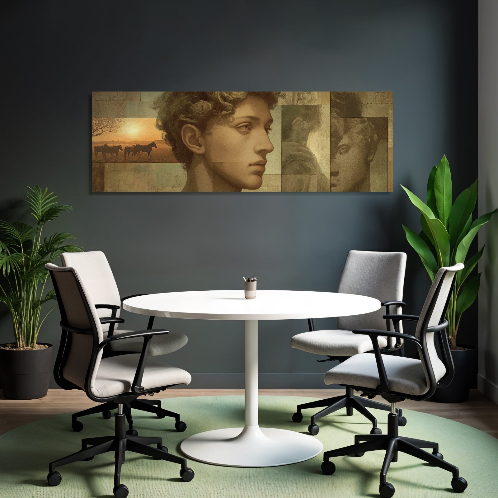 Jungmann Mit Lockigem Haar Landschaft Mit Pferden Kunstwerk