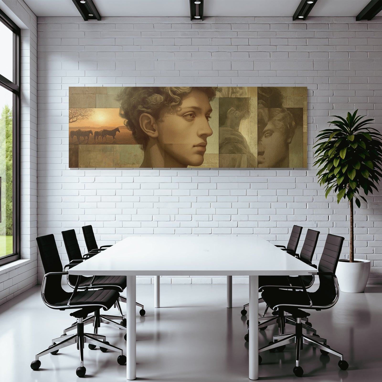 Jungmann Mit Lockigem Haar Landschaft Mit Pferden Kunstwerk