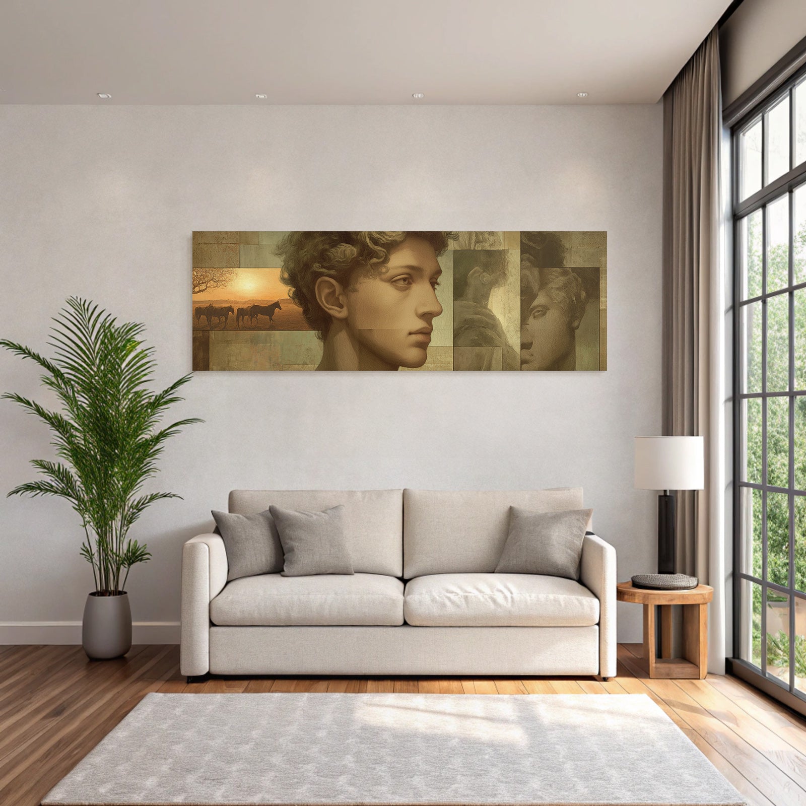 Jungmann Mit Lockigem Haar Landschaft Mit Pferden Kunstwerk