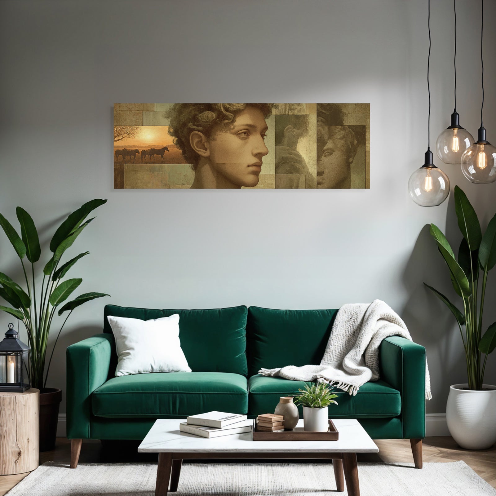 Jungmann Mit Lockigem Haar Landschaft Mit Pferden Kunstwerk