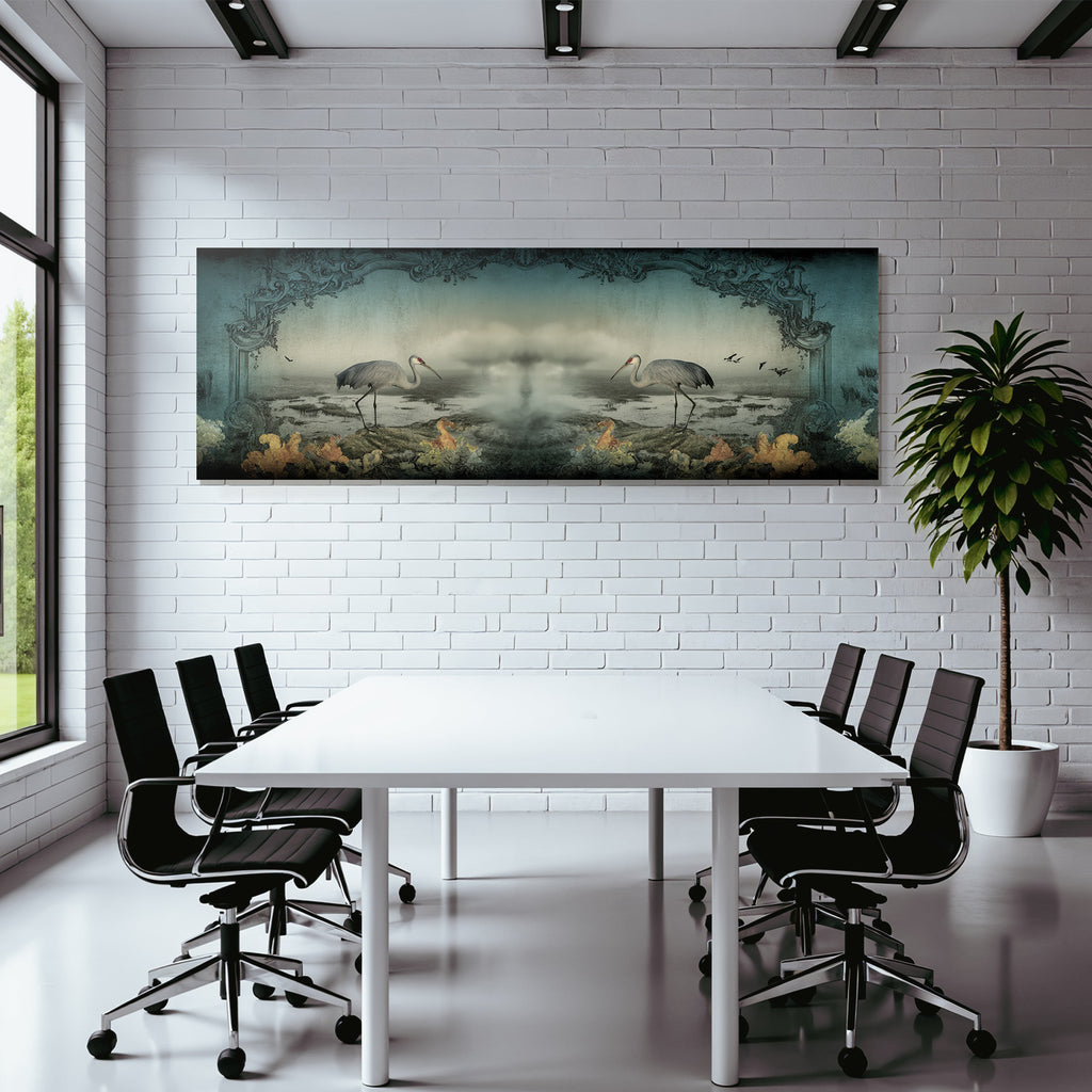 Kraniche Im Nebelhafte Landschaft