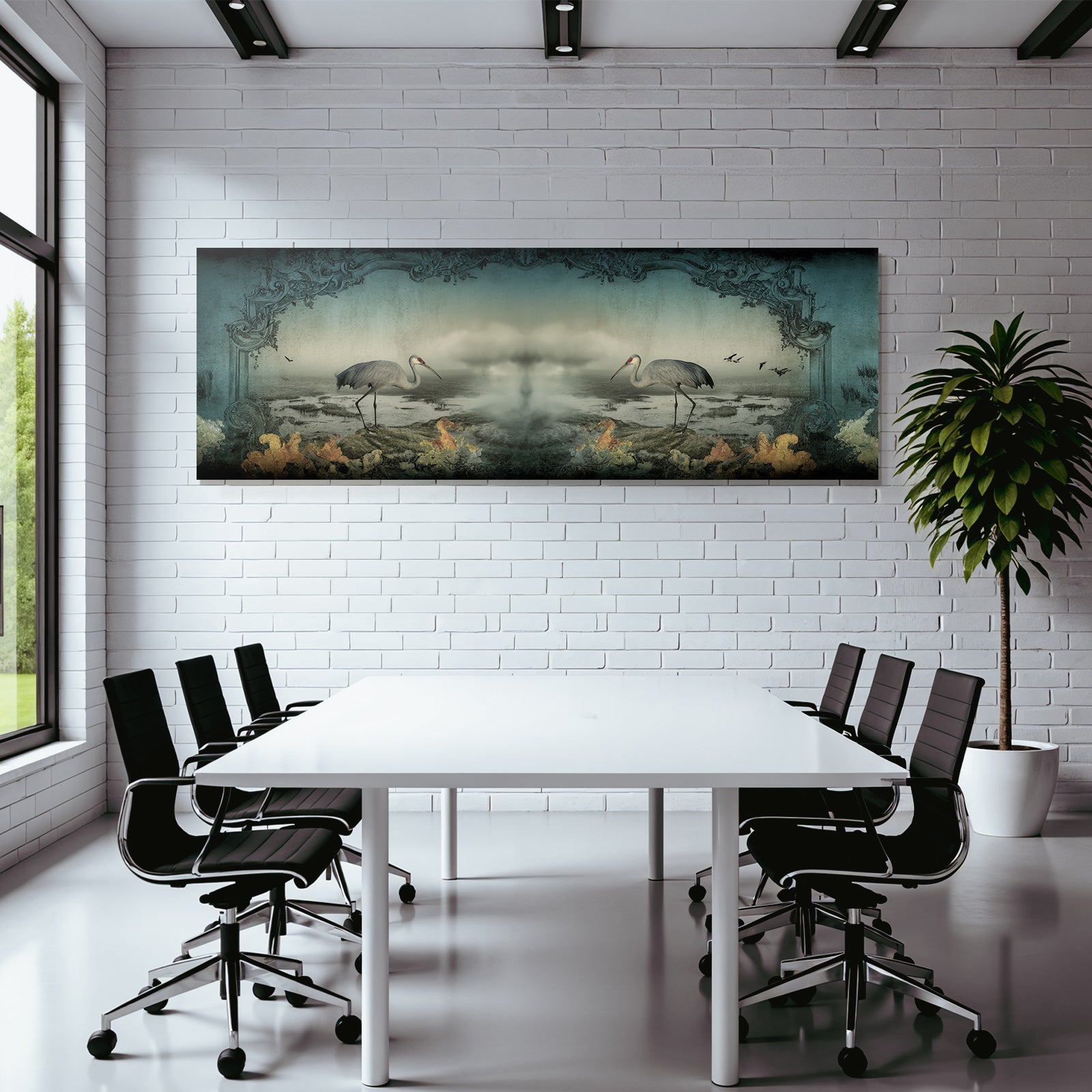 Kraniche Im Nebelhafte Landschaft
